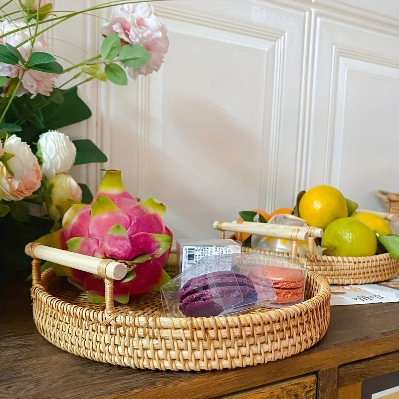 Cesta Bandeja Redonda de Mimbre con Asas | Decoración y Frutas