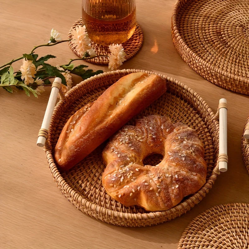 Cesta Bandeja Redonda de Mimbre con Asas | Decoración y Frutas