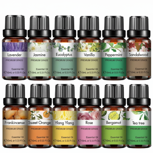 Colección de aceites esenciales de 10 ml sin logo de proveedor, con 12 aromas visibles y fondo blanco