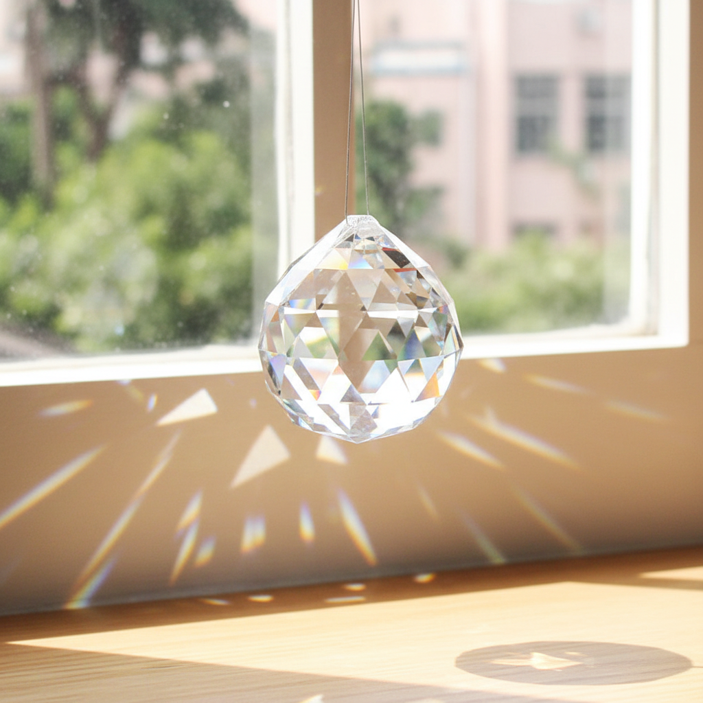 Prisma de cristal transparente colgando junto a una ventana y proyectando reflejos de luz