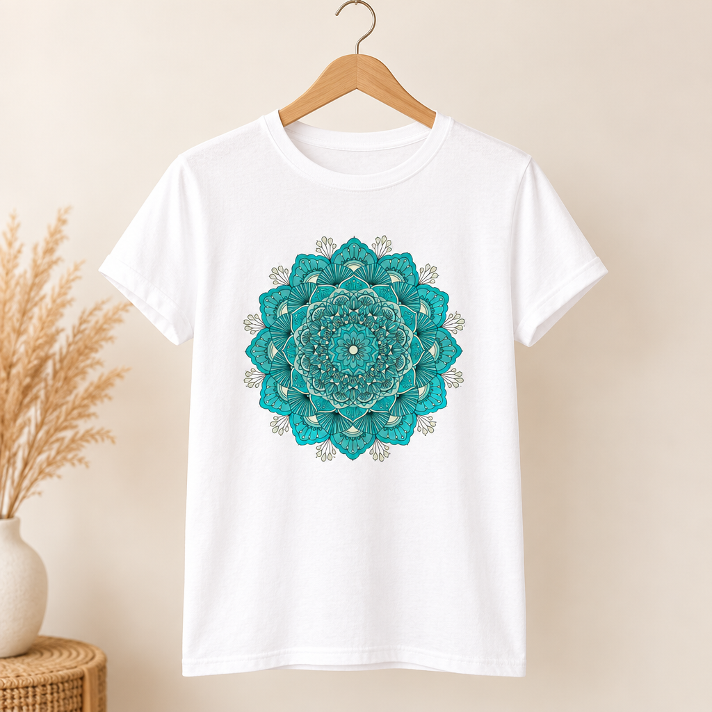 Parche termoadhesivo de mandala turquesa aplicado en una polera blanca