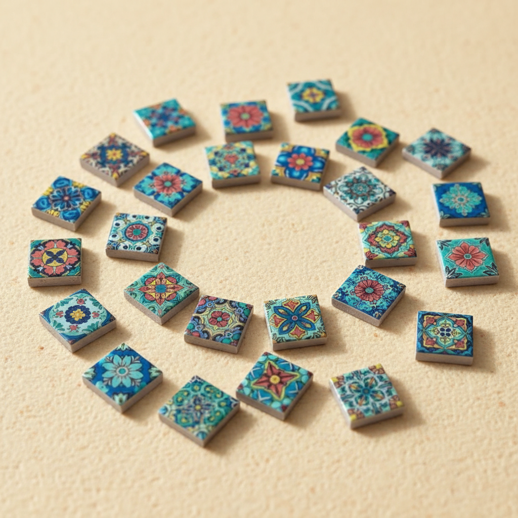 Piezas cuadradas decorativas con patrones florales y geométricos para crear mosaicos