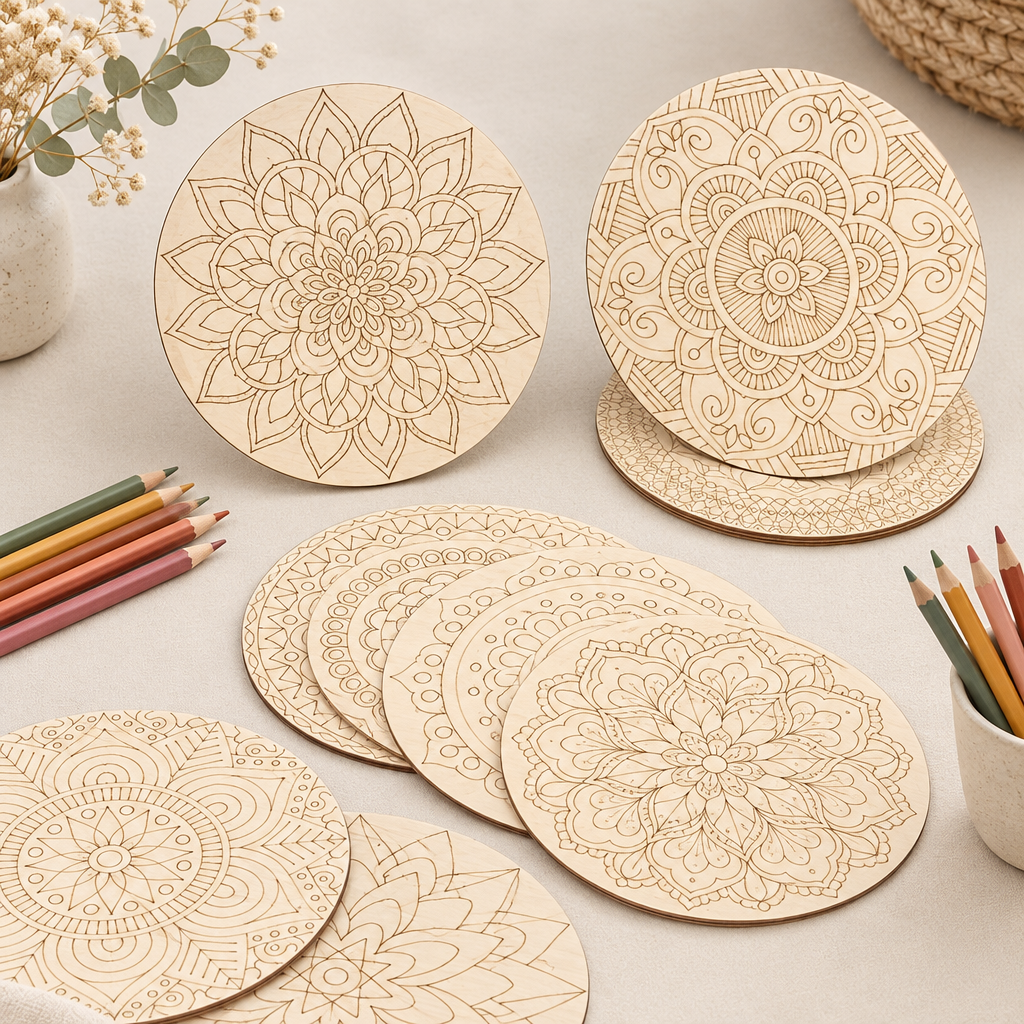 Recortes de madera sin terminar con diseños de mandala grabados, listos para pintar