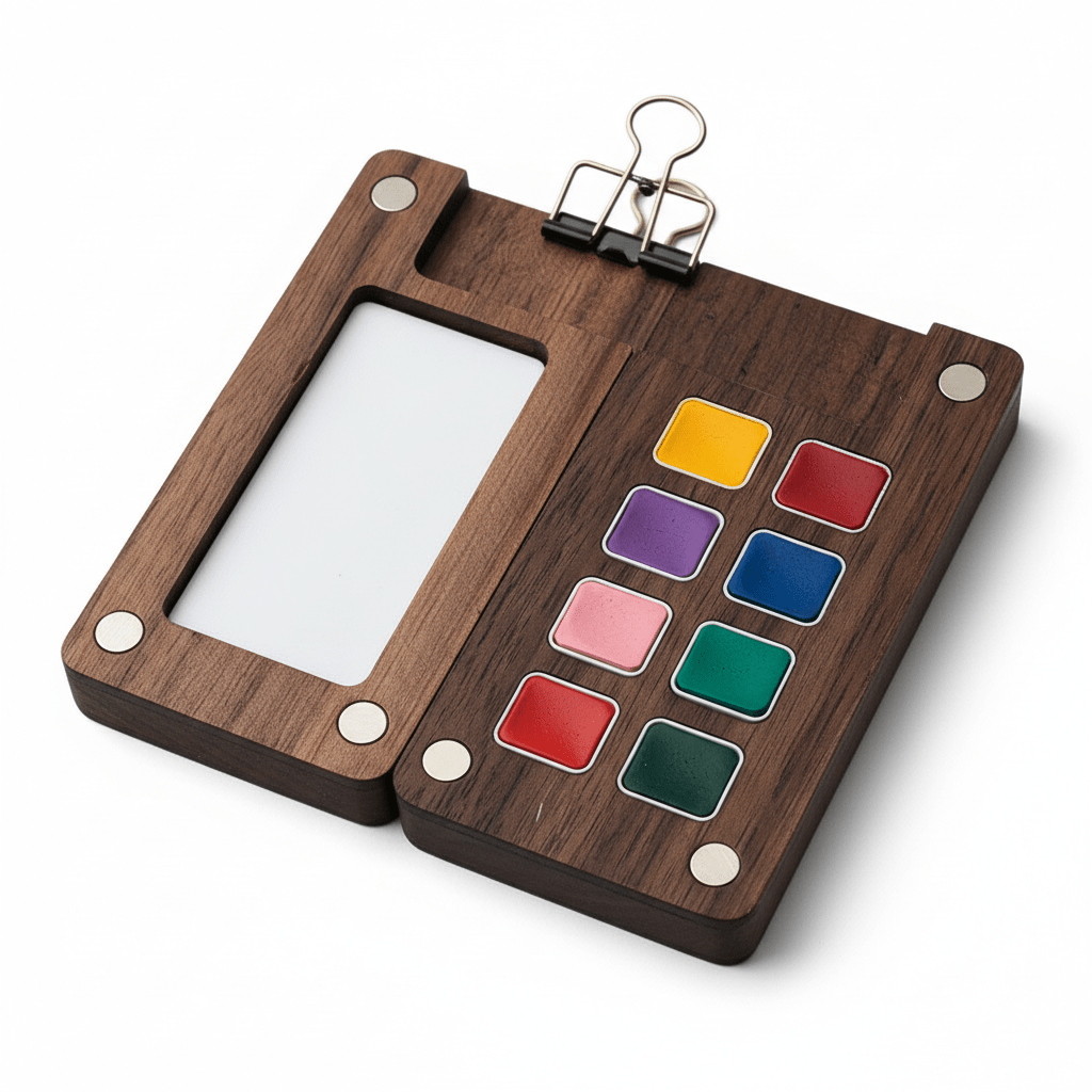 Mini Set de Acuarelas de Viaje | Paleta de Madera con Clip y 8 Rejillas - UpsArtes