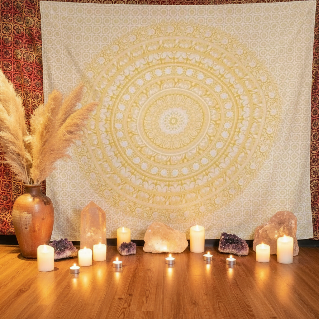 Tapiz Mandala Amarillo estilo meditación