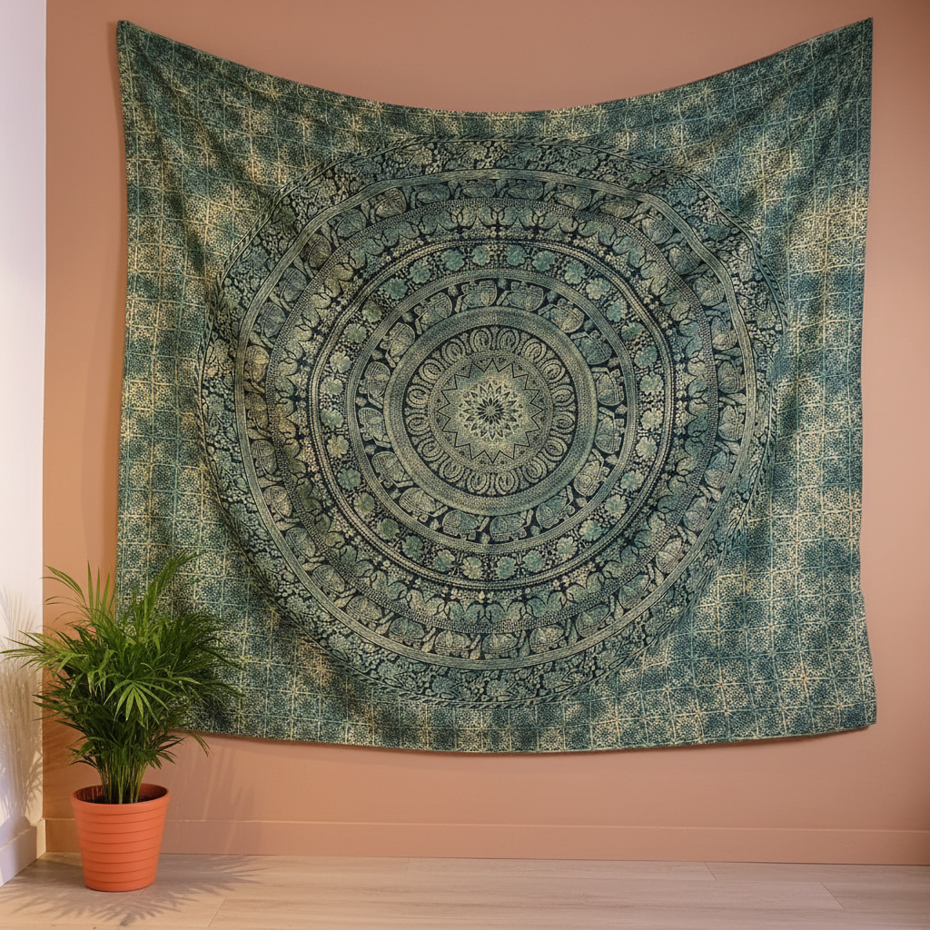 Tapiz Mandala Verde pared beige